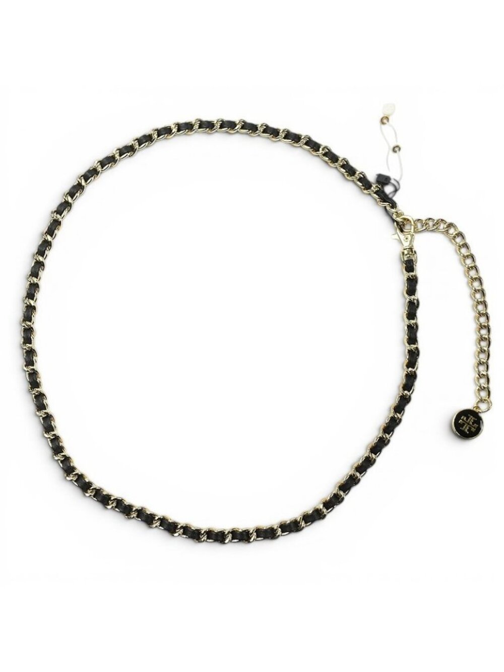TORY BURCH Black Leather Gold Tone Chain Belt Logo Medallion 36" NWD